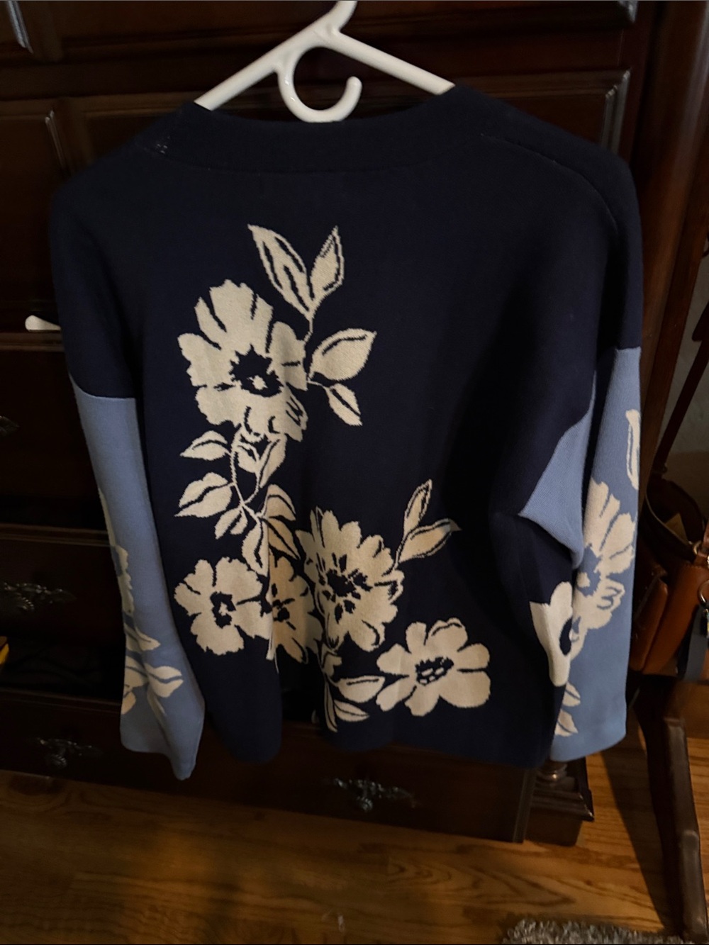 NorthStyle Navy Cardigan with Light Blue Sleeves and Cream Floral Design - Picture 2 of 3